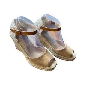 Vidorreta Tan Suede Peep Toe Espadrille Wedge Sandals Made‎ in Spain Size 38